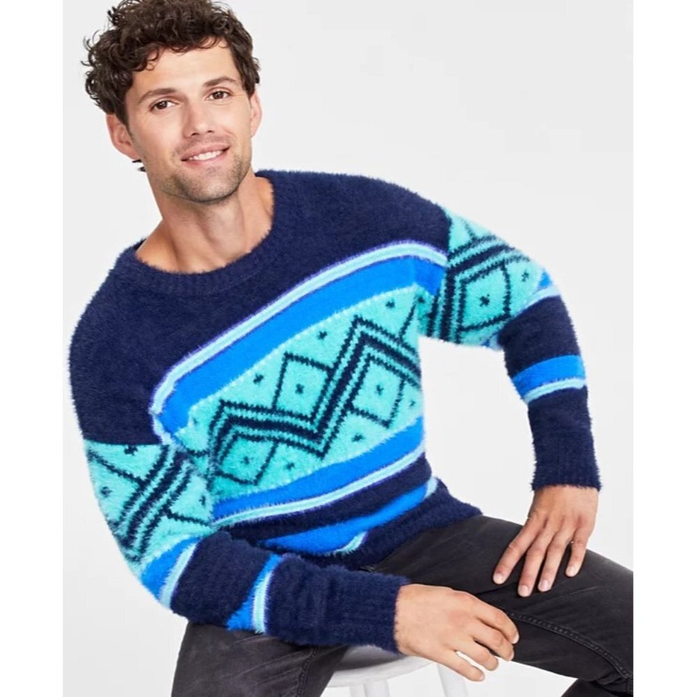 Holiday Lane Mens Medium Fair Isle Crewneck Long-Sleeve Sweater in Blue $59 015‎